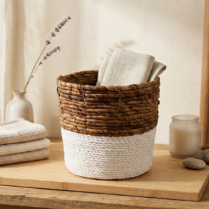 Cesta Organizadora Rústica Bicolor de Fibra Natural y Cuerda - 20x20cm