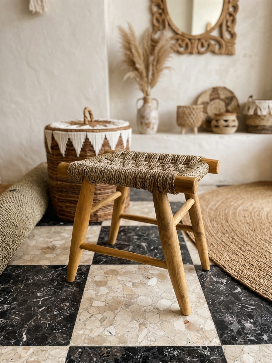 Banqueta Artesanal de Madera con Asiento Trenzado