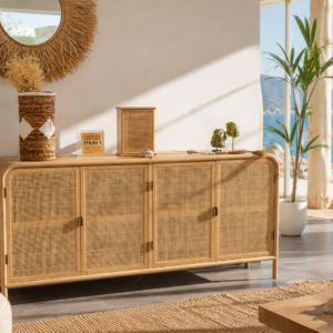 Aparador de Madera y Ratán con 4 Puertas