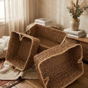 Set de 3 Cestas Rectangulares de Fibra Natural con Asas