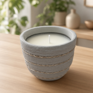 Vela decorativa de cemento gris con cuerda natural